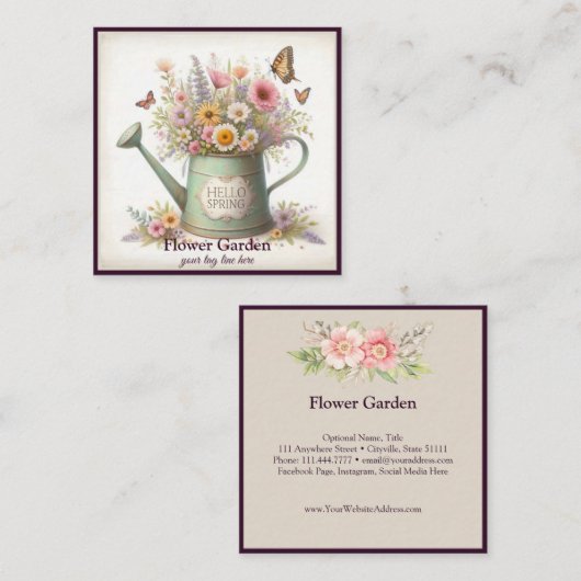 シックモダンフローラ&ウッド素朴ヴィンテージコテージ スクエア名刺 (正面/裏面)