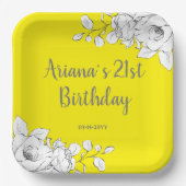 シックモダンブライトイエローホワイトフローラ誕生日 ペーパープレート (正面)