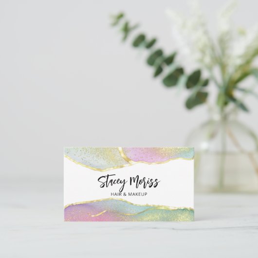 シックモダンブライトトレンディーカラフル金ゴールドQRコードバス 名刺 (スタンド正面)