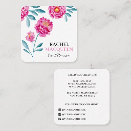 シックモダンブライトフローラ開花水色 スクエア名刺 (正面/裏面)