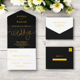 シックモダンブラックと金ゴールドミニマル結婚ズ オールインワン招待状