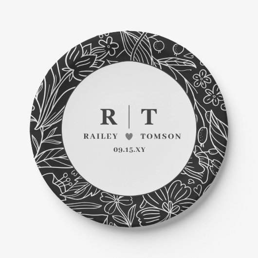 シックモダンブラックの花エレガントパーティー ペーパープレート (正面)