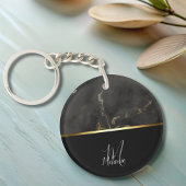 シックモダンブラックグレー大理石金ゴールドモノグラム キーホルダー