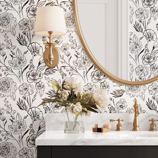 シックモダンブラックラインアートフローラの葉のパターン 壁紙 (Modern Chic Black Line Art Floral Foliage Pattern Wallpaper)