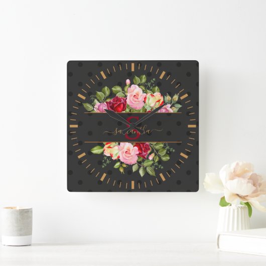 シックモダンブラック水玉模様とバラパーソナライズされた スクエア壁時計 (ホーム)