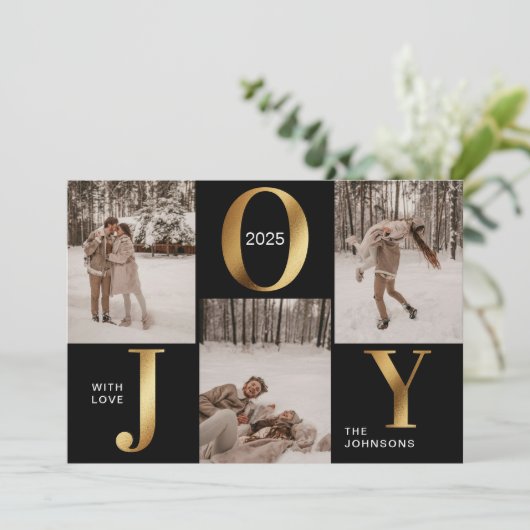 シックモダンブラック金ゴールドジョイメリークリスマスフォトH シーズンカード (スタンド正面)