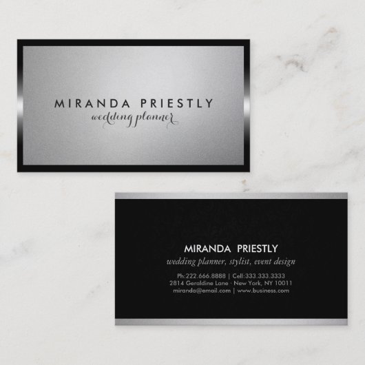 シックモダンブラック&シルバーフォイルウェディングプランナー 名刺 (正面/裏面)