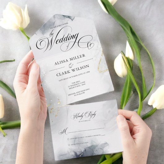 シックモダンブラック&ホワイトグレー金ゴールド水色 オールインワン招待状