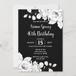 シックモダンブラック&ホワイトフローラ40th Birthday 招待状