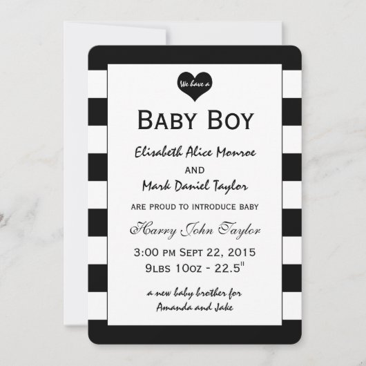 シックモダンブラック&ホワイトベビー発表 案内状 (正面)