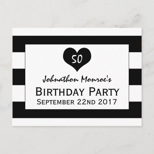 シックモダンブラック&ホワイト誕生日招待状 インビテーションポストカード (正面)