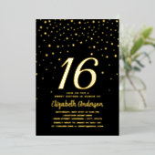 シックモダンブラック&金ゴールドスターズスウィート16誕生日 箔招待状 (立ち正面)