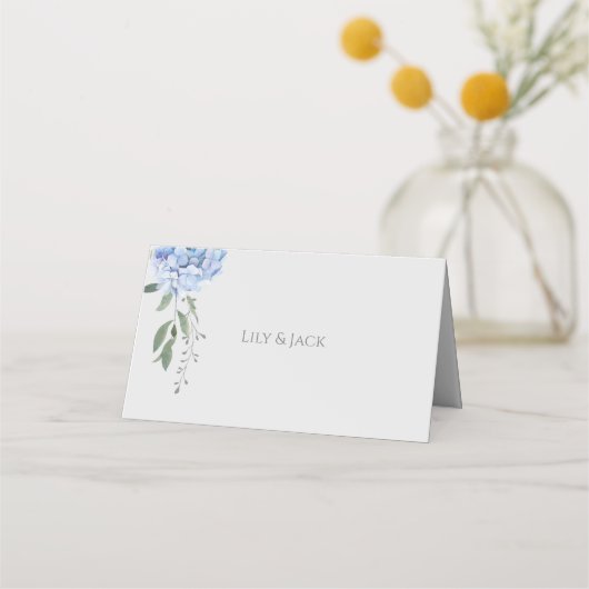 シックモダンブルーあじさい結婚さんのテーブル プレイスカード (裏面)