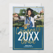 シックモダンブルーと金ゴールドスクリプトの卒業 案内状 (正面)