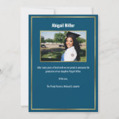 シックモダンブルーと金ゴールドスクリプトの卒業 案内状 (裏面)