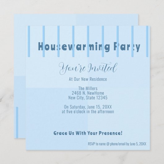 シックモダンブルーフェンス引っ越し祝いパーティーパーティー招待状 案内状 (正面/裏面)