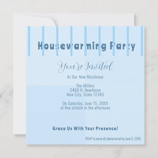 シックモダンブルーフェンス引っ越し祝いパーティーパーティー招待状 案内状 (正面)