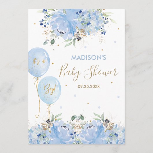 シックモダンブルーフローラバルーン赤ちゃんシャワーメニュー プログラム (裏面)