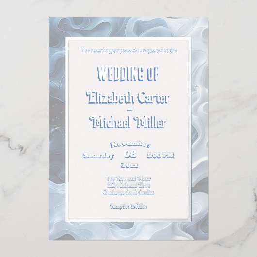 シックモダンブルー予測できなパステル 箔招待状 (正面)