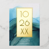 シックモダンブルー水彩保存日付金ゴールド 箔招待状 (正面)