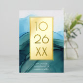 シックモダンブルー水彩保存日付金ゴールド 箔招待状 (立ち正面)
