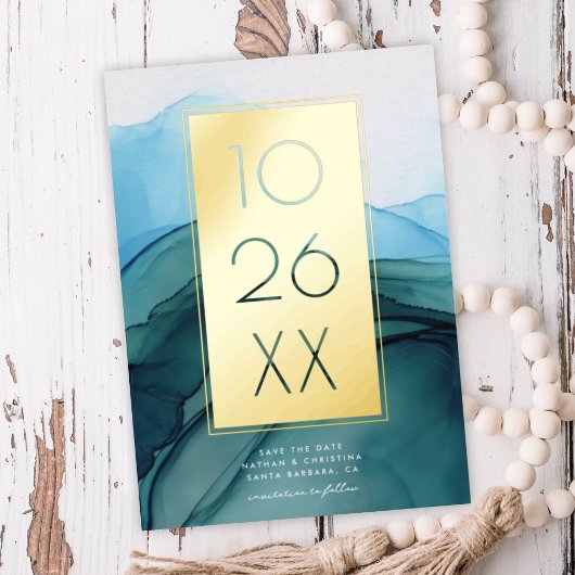 シックモダンブルー水彩保存日付金ゴールド 箔招待状