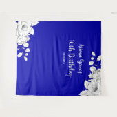 シックモダンブルー王室のホワイトフローラ背景 タペストリー (正面(横))