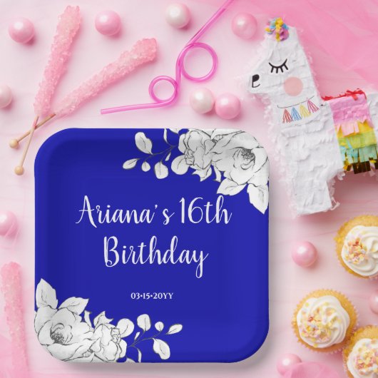 シックモダンブルー王室のホワイトフローラ誕生日パーティー ペーパープレート (パーティー)
