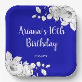 シックモダンブルー王室のホワイトフローラ誕生日パーティー ペーパープレート (正面)