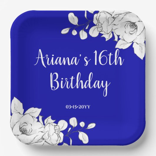 シックモダンブルー王室のホワイトフローラ誕生日パーティー ペーパープレート (正面)