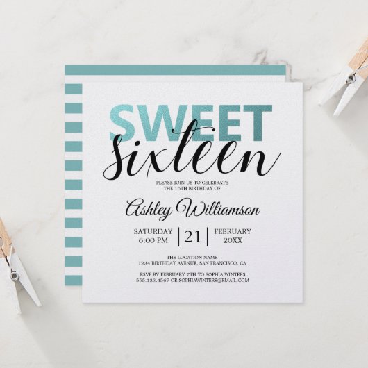 シックモダンブルー白ストライプピンクスウィート16 招待状 (正面/裏面インサイチュ)
