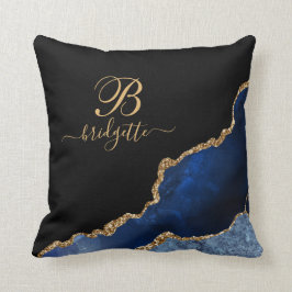 シックモダンブルー金ゴールドグリッターアゲートモノグラム クッション