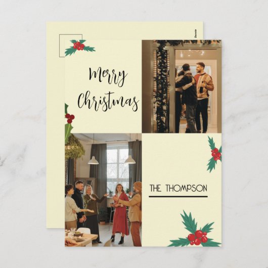 シックモダンホリーベリー2フォトメリークリスマス シーズンポストカード (正面/裏面)