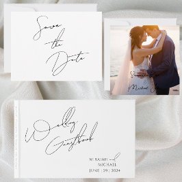 シックモダンホワイトとブラックのスクリプ結婚ト ゲストブック