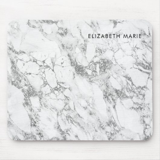 シックモダンホワイトグレーシルバーグレーグリッター大理石 マウスパッド (正面)