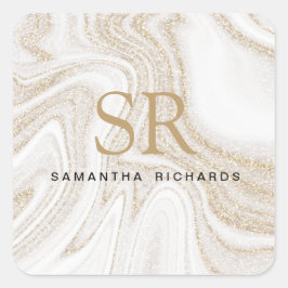 シックモダンホワイト大理石金ゴールドグリッターモノグラム スクエアシール