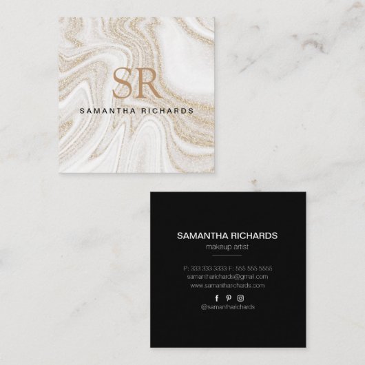 シックモダンホワイト大理石金ゴールドグリッターモノグラム スクエア名刺 (正面/裏面)