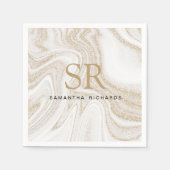 シックモダンホワイト大理石金ゴールドグリッターモノグラム スタンダードカクテルナプキン (正面)