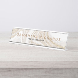 シックモダンホワイト大理石金ゴールドグリッター名 デスクネームプレート