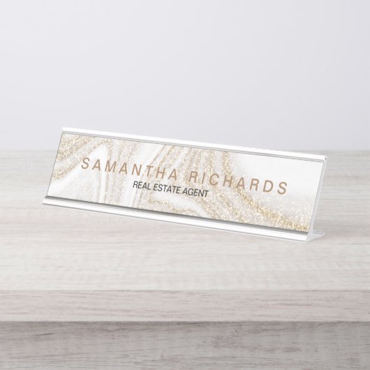 シックモダンホワイト大理石金ゴールドグリッター名 デスクネームプレート (正面)