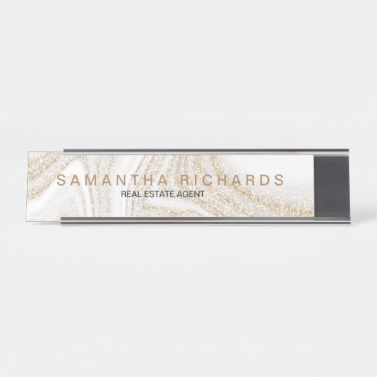 シックモダンホワイト大理石金ゴールドグリッター名 デスクネームプレート (正面)