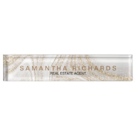 シックモダンホワイト大理石金ゴールドグリッター デスクネームプレート