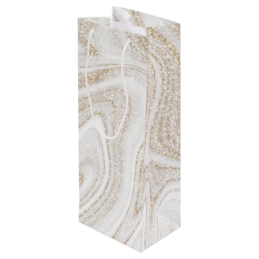 シックモダンホワイト大理石金ゴールドグリッター ワインギフトバッグ (裏面アングル)