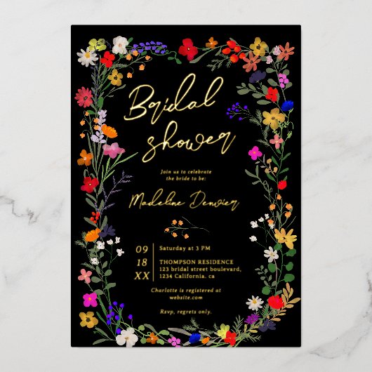 シックモダンボホブライト野生の花ブライダルシャワー 箔招待状 (正面)