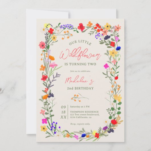 シックモダンボホ明るい野生の花2歳の誕生日 招待状 (正面)