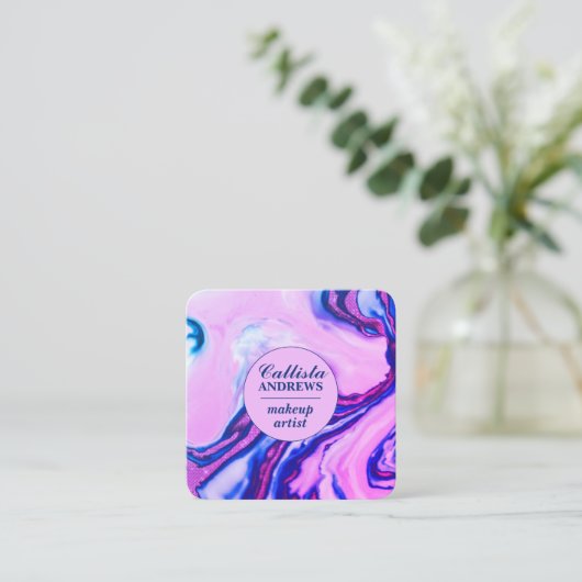 シックモダンマゼンタパープルブルーグリッター大理石 スクエア名刺 (スタンド正面)