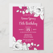 シックモダンマゼンタホワイトフローラ15誕生日 招待状 (正面)