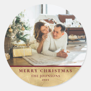シックモダンミニマリスト赤&金ゴールドクリスマスフォト ラウンドシール