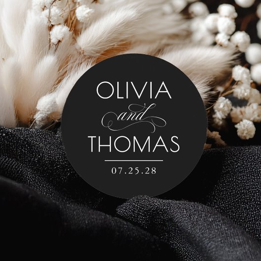 シックモダンミニマルタイポグラフィブラック結婚ズ ラウンドシール