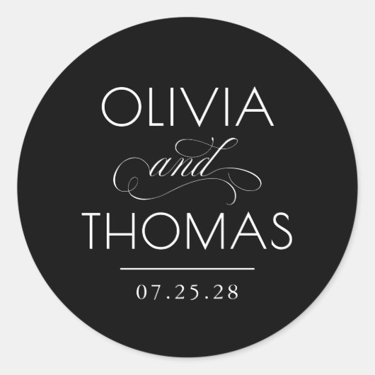 シックモダンミニマルタイポグラフィブラック結婚ズ ラウンドシール (正面)